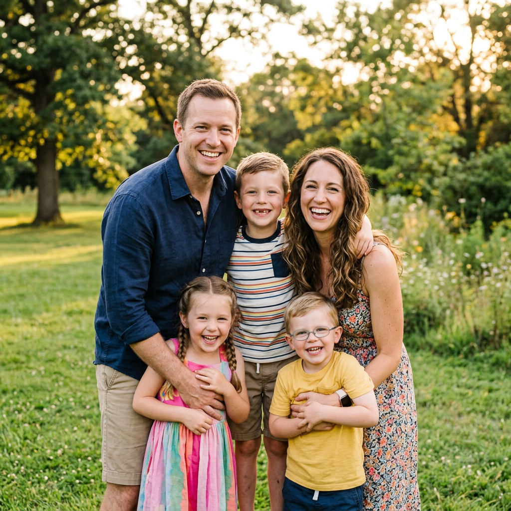 Smiling family of five standing outdoors with trees and grass
