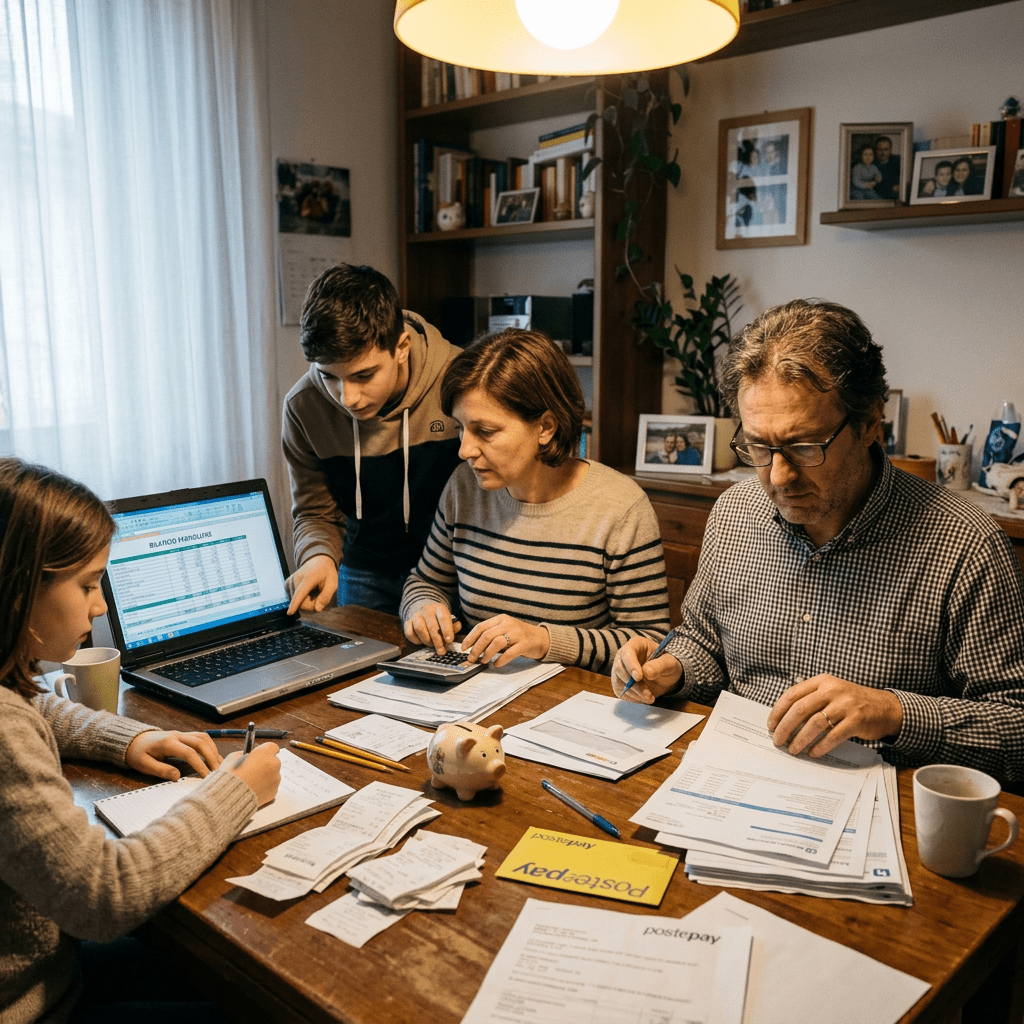 Family sitting at table reviewing bills, receipts, and using calculator with laptop