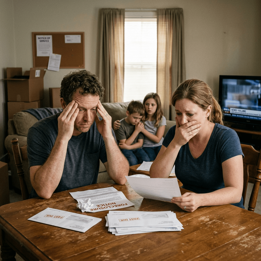 A man and woman look stressed while reviewing past due and foreclosure notice bills at a wooden table, two children sit worried in the background
