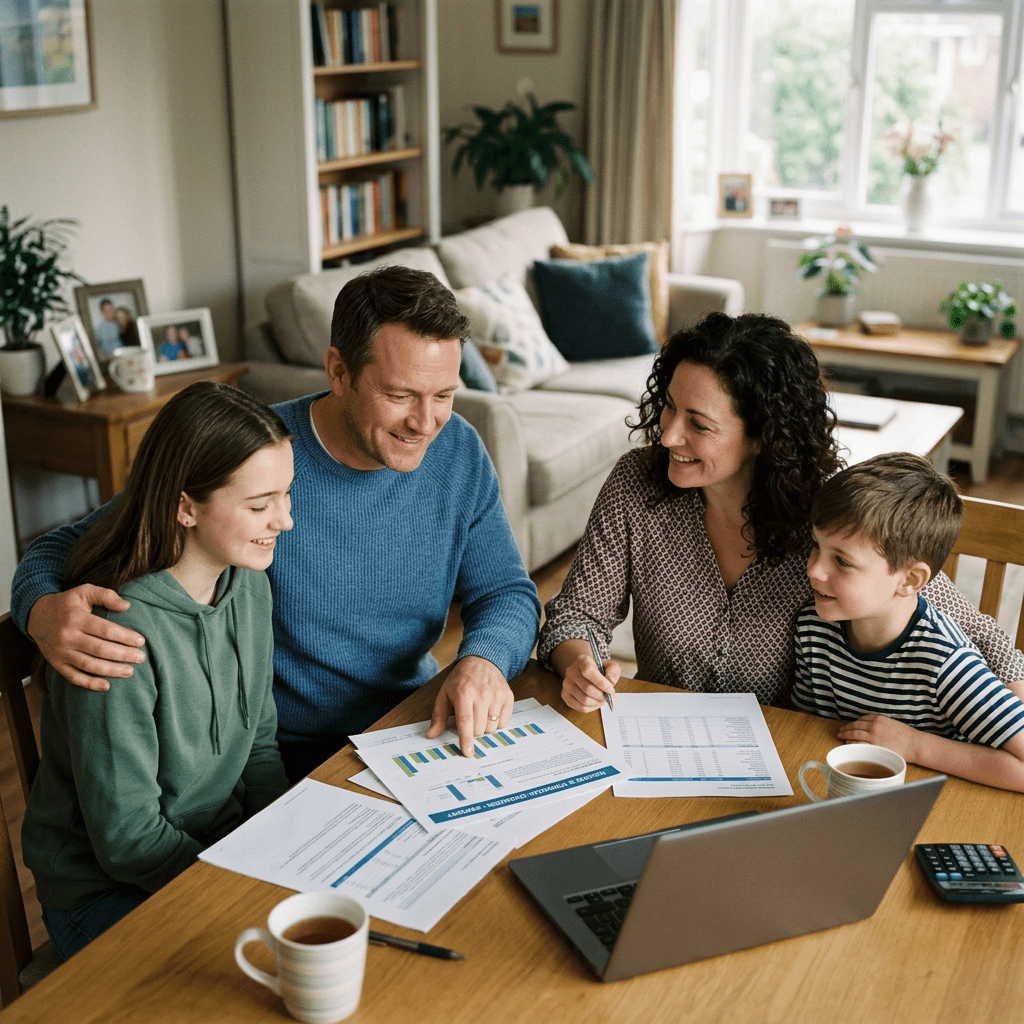 Family sitting at table reviewing financial papers and laptop